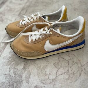 Nike  Beige Retro Runner Sneakers with White Swoosh yellow blue accents
